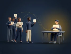 One person at a desk holding a glowing folder of answers while four colleagues stand holding question marks, showing working in silos in a small firm